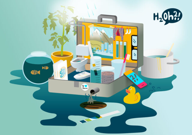 Ein Laborkoffer, der gefüllt ist, mit Dingen, die uns im Alltag zum Wasser verbinden.