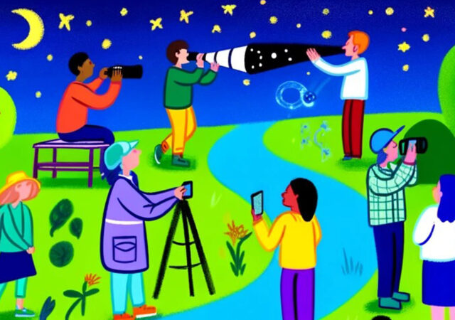 Eine farbige Illustration mit 7 Menschen, die links und rechts von einem Bach stehen, der im Zentrum des Bildes ist.