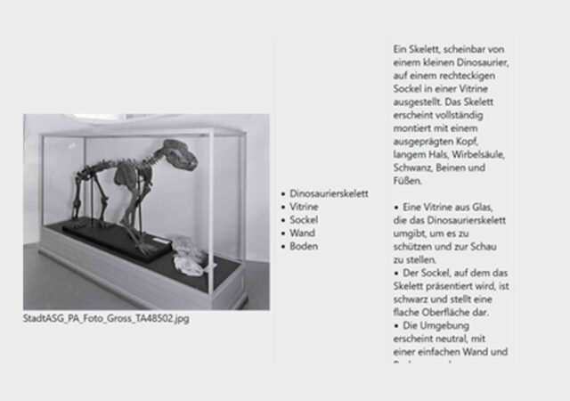 Schwarz-Weiss Foto eines Skelettes, eine Tieres in einem Schaukasten aus Glas (links). Auf der rechten Seite ein 1-spaltiger Text.