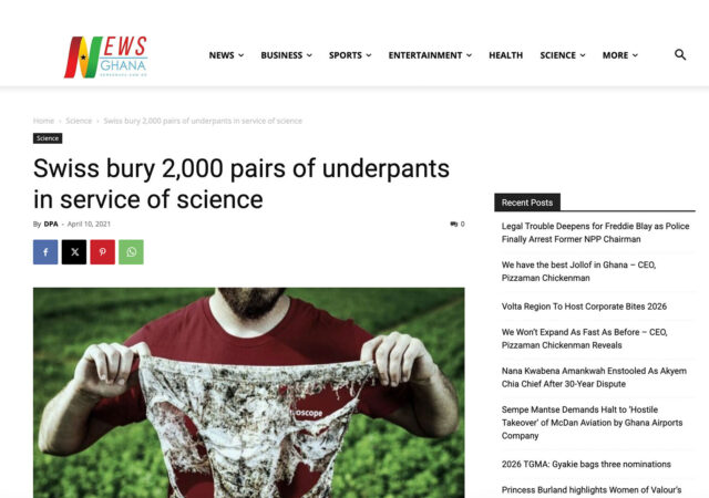 Screenshot einer Webseite, die einen Zeitungsartikel zeigt, der in Englisch zum Projekt Beweisstück Unterhose berichtet.